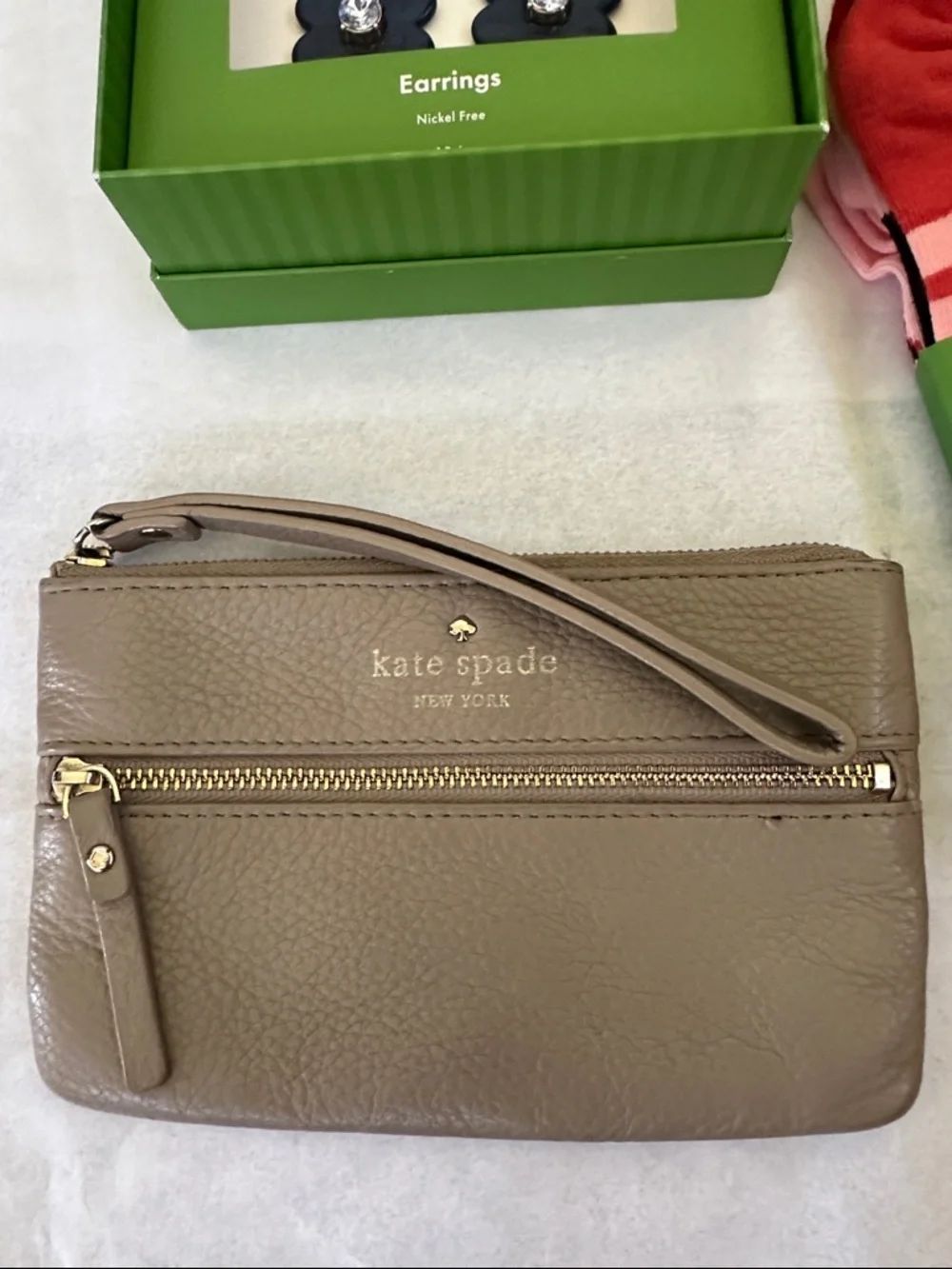 kate spade Bundle-3 pack Crew Socks, Taupe Leather Wristlet, Flower earrings